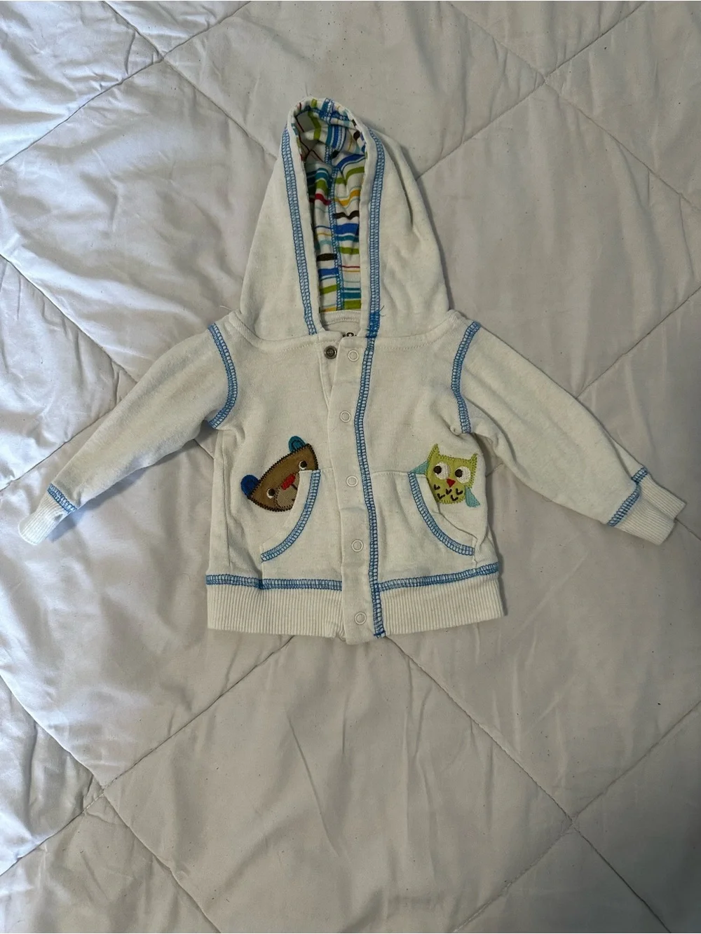 BabiesRUs Cream Hoodie Jacket with Blue Trim and Animal Pockets